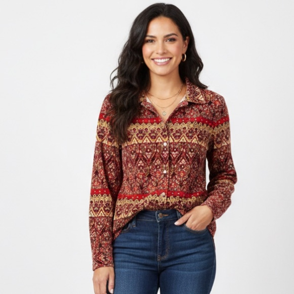 The Territory Ahead  Long Sleeve Soft Velvet Cotton Floral &‎ Paisley Print Top